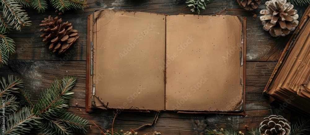 Poster A wooden table adorned with Christmas decor frames a top view image of an open notebook with dark paper. with copy space image. Place for adding text or design