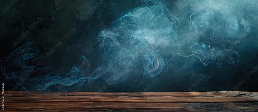 Poster a dark backdrop highlights an unoccupied wooden table as smoke rises, providing a blank canvas to sh