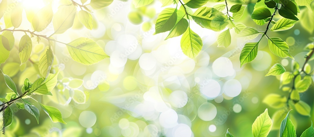 Aufkleber A spring-themed banner showcasing vibrant green leaves and branches on a sunny day, perfect for design with ample copy space image.