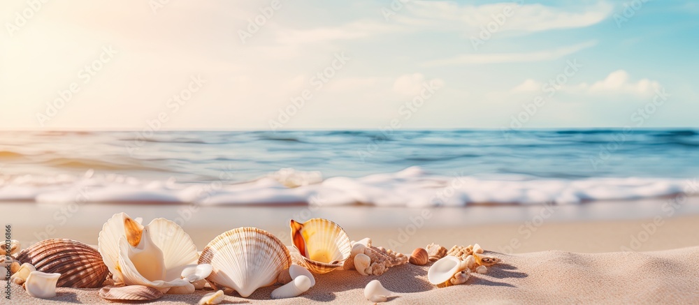 Fototapete Various shells scattered on the beach sand with a view of the ocean in the background, creating an exquisite composition for a copy space image.