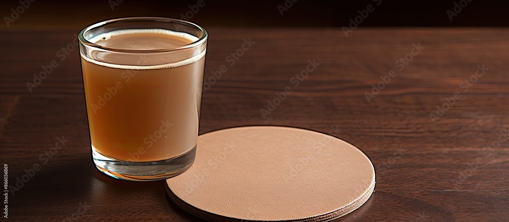 Aufkleber beverage coaster in light brown shade placed on a dark brown table creating copy space image.