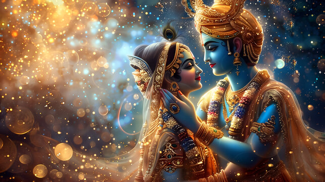 Naklejki The divine embrace of Krishna and Radha, symbolizing eternal love in Hindu mythology
