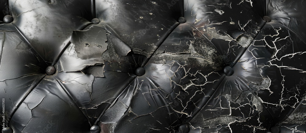 Poster upholstery,ripped and tear old leather sofa. black leather texture background. with copy space image