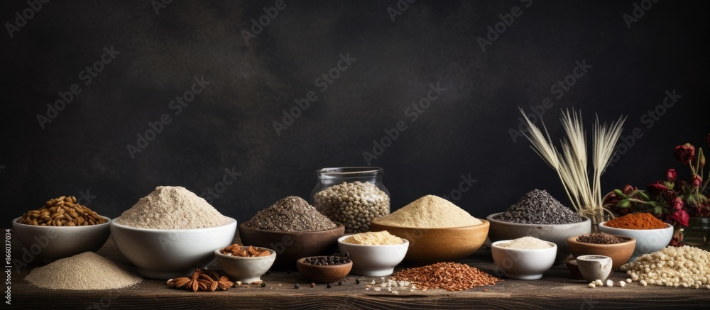 Poster various bowls filled with a variety of flours and seeds placed on a table, set against a dark backdr