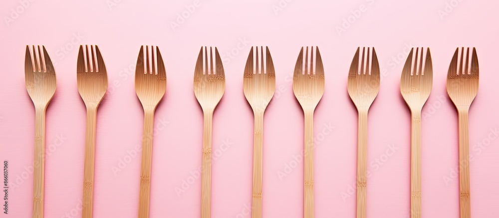 Aufkleber disposable bamboo utensils on a pink surface, promoting zero waste, seen from above with ample empty