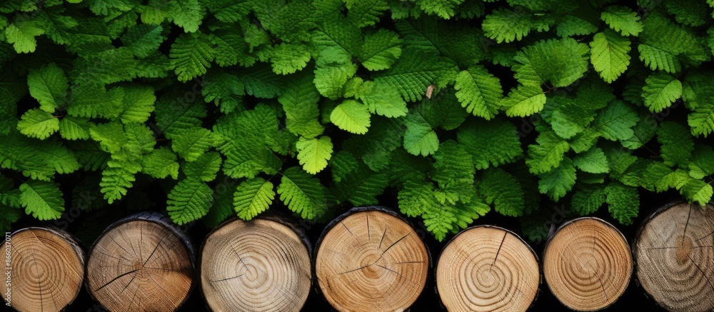 Poster the background features vibrant green leaves and sizable logs, ideal for a copy space image.
