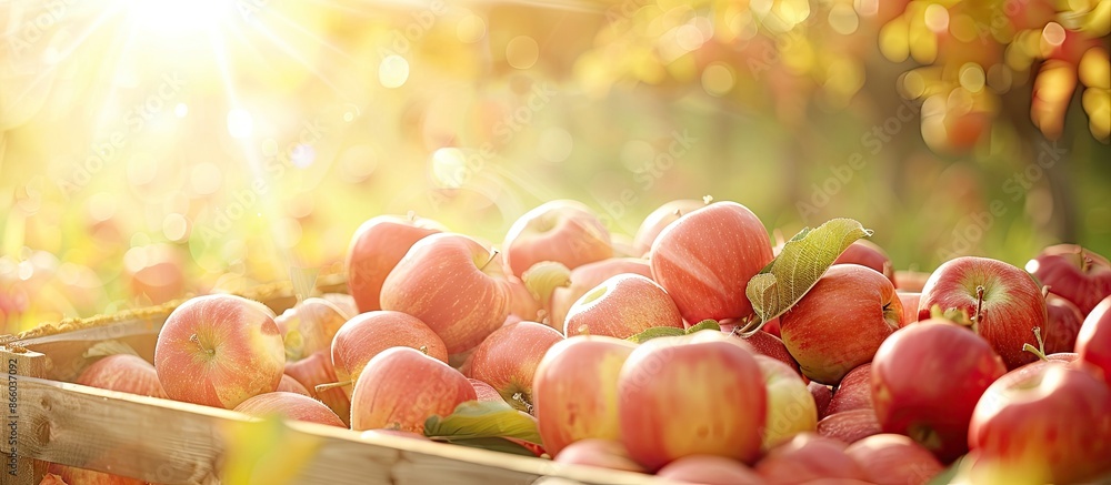 Poster autumn garden setting with a sunny outdoor background, showcasing apples neatly arranged in a box wi