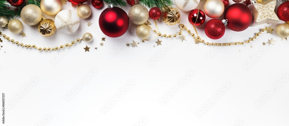 Poster top view of a christmas-themed background featuring ornaments and decorations on a white backdrop, a