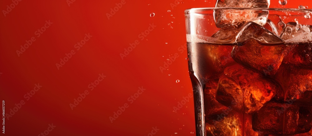 Poster brown fizzy soda. chilled sweet cola with ice on red backdrop, featuring copy space image.