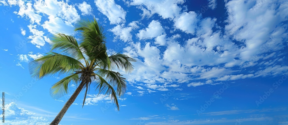 Aufkleber Tropical beach scene with a palm tree against a blue sky and white clouds serves as a background for adding text or images. with copy space image. Place for adding text or design