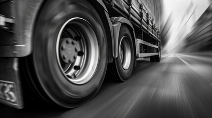 Semi Trucks tire in fast motion. Truck wheels on road