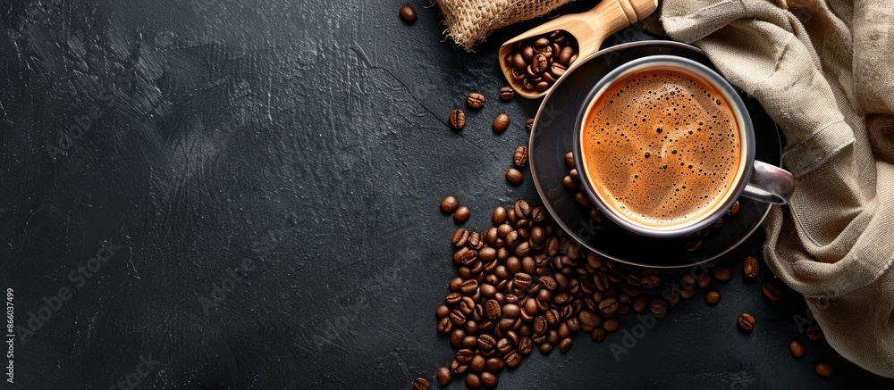 Aufkleber Top view of a cup of coffee surrounded by a dark background with a scoop of coffee beans in a bag prominently displayed, offering copy space image.
