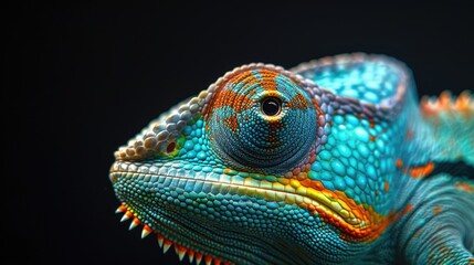 Fototapeta premium Colorful chameleon close-up showcasing vibrant textures against black background.