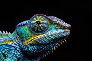 Fototapeta premium Colorful chameleon close-up showcasing vibrant textures against black background.