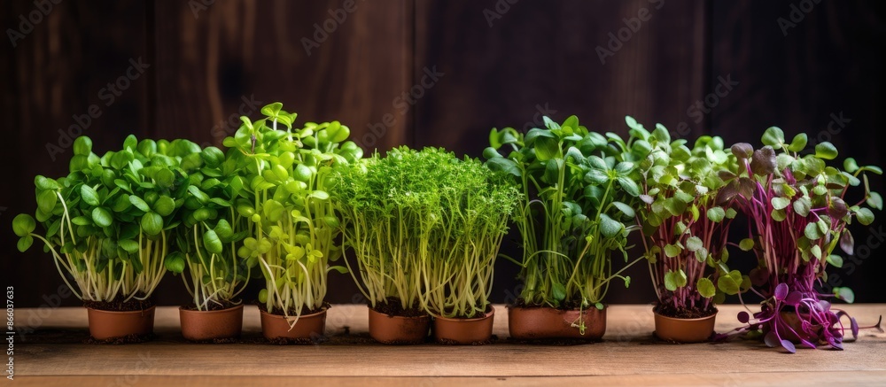 Poster Various microgreens varieties displayed on a wooden backdrop with copy space image.