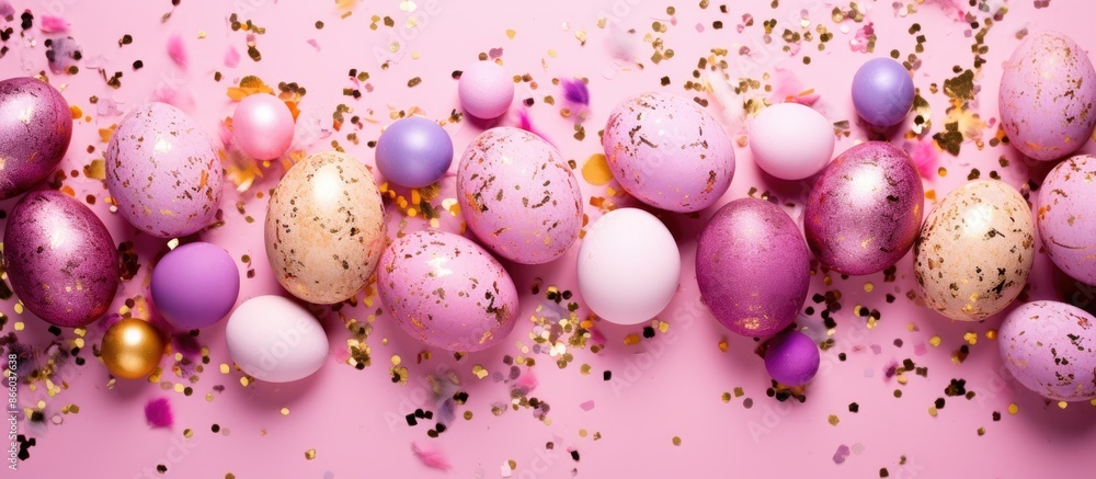 Poster a top-down view of decorated pink and gold eggs surrounded by colorful confetti, set against a pink 