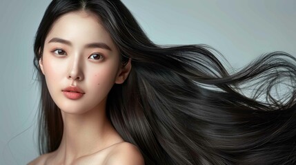 Fototapeta premium Beauty portrait of a Korean girl showing off her beautiful, long and shiny