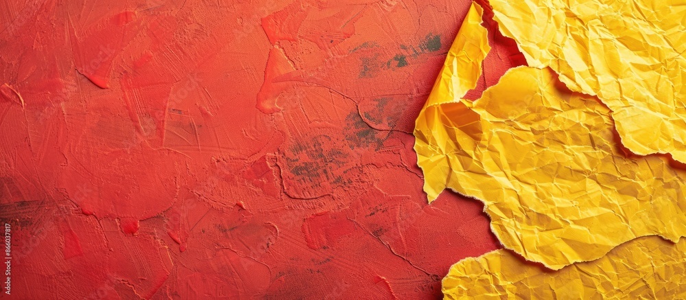 Poster a symbolic message promoting healthy living displayed on torn yellow paper against a red background,
