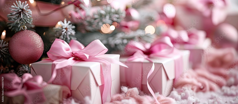 Poster horizontal image with detail of five christmas presents decorated with pink ribbon under a pink chri