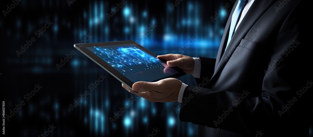 Poster a businessman is using a tablet with progress displayed on the screen in a copy space image.