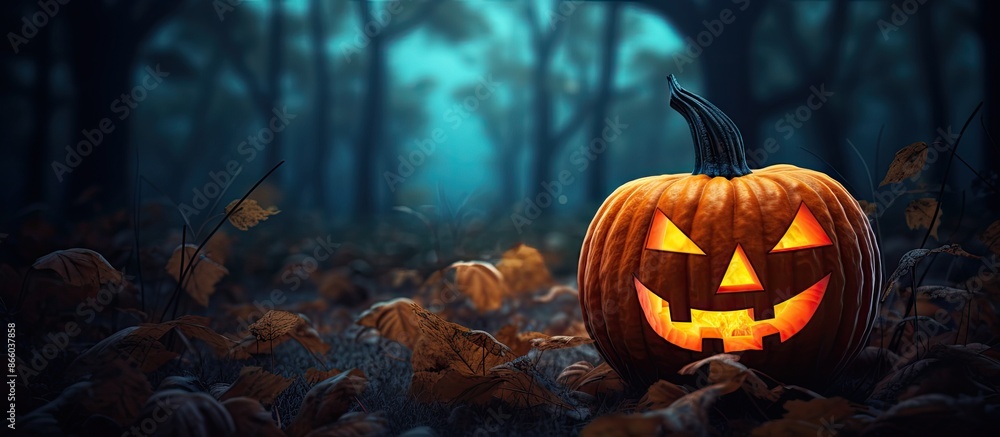 Poster horror background with a pumpkin jack o'lantern on grass in front of a spooky forest at night, embod