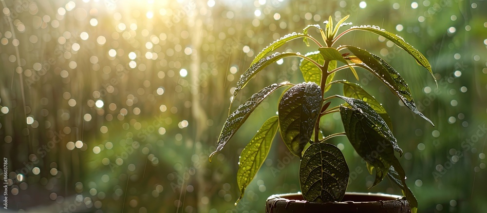 Leinwandbilder close up of foliage of a young avocado tree against a rainy window, selective focus. with copy space