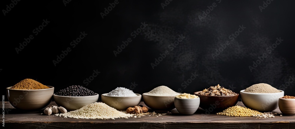 Poster various bowls filled with a variety of flours and seeds placed on a table, set against a dark backdr