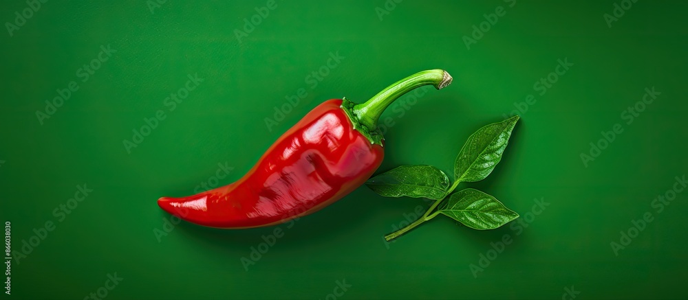 Poster top view of a fresh red hot pepper on a green background, capturing a close-up image with copy space