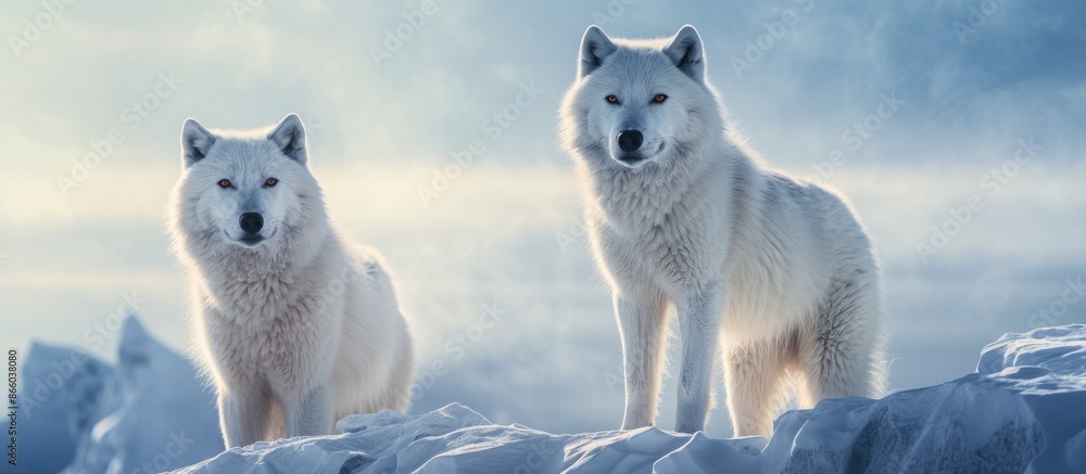 Aufkleber arctic wolves with a snowy background in a copy space image.