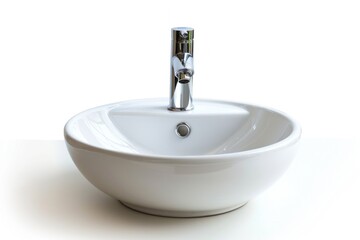 Isolated bathroom sink with a sleek chrome water tap, designed for transparent backgrounds. Realistic shadow adds depth, suitable for PNG usage