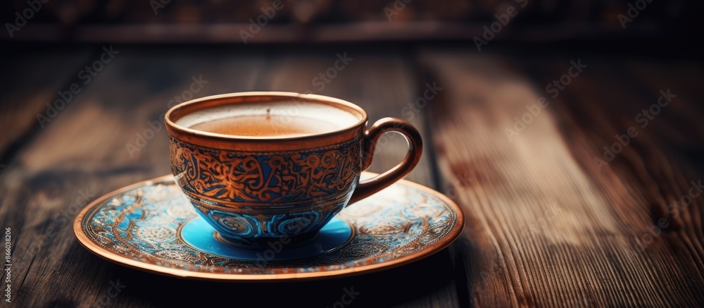 Poster traditional turkish coffee cup with intricate patterns and a retro feel, placed on a wooden table wi