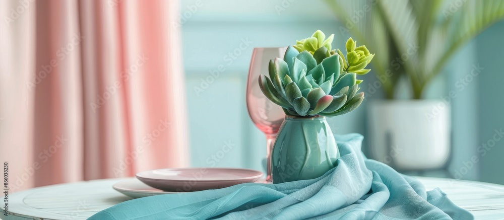 Poster table decoration. succulents in a vase on the table with blue and pink fabrics,with plates and glasses. with copy space image. Place for adding text or design