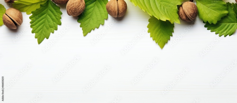 Poster Top-down shot of walnuts and leaves on a white background, perfect for your text in the copy space image