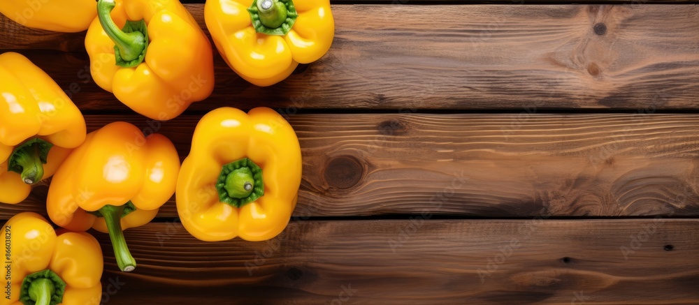 Leinwandbilder top view of vibrant yellow bell peppers on a rustic wooden surface with ample copy space for any add