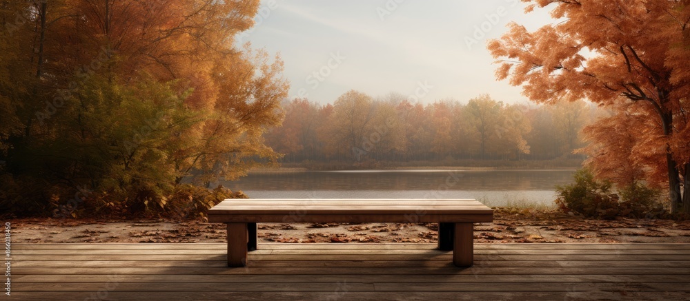 Aufkleber Autumn scenery featuring a wooden table with a vacant area for product presentation in an outdoor setting. with copy space image. Place for adding text or design