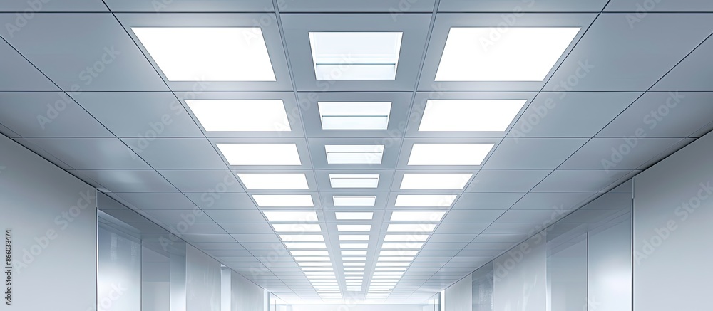 Poster suspended ceiling of square porous plates and built-in LED lamp. with copy space image. Place for adding text or design