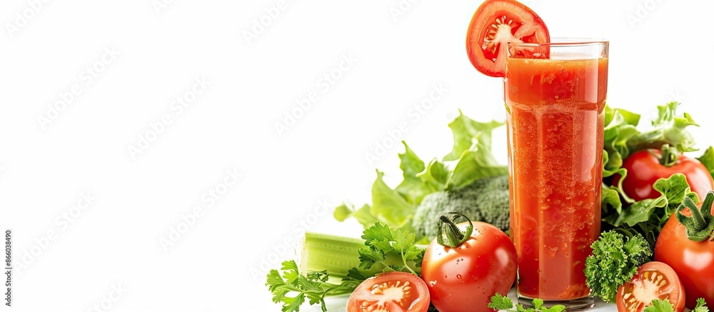 Poster isolated on white, a glass of tomato juice with vegetables is displayed in a copy space image.