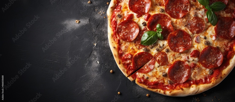 Aufkleber Delicious pepperoni pizza displayed on gray surface in a flat lay composition with ample room for adding text in copy space image.