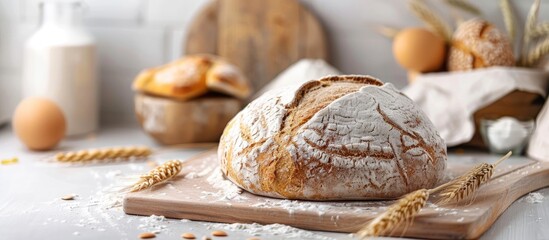 Fresh sourdough bread and ingredients on a cutting board with dough and flour on a white table, baking backdrop.