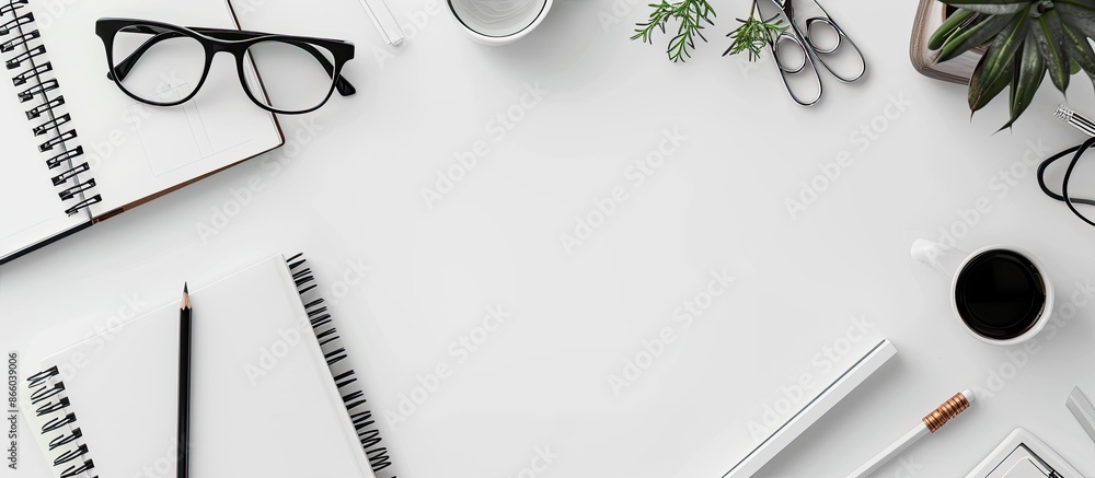 Poster a contemporary white desk featuring a notebook, glasses, pencils, and scissors, captured from above 