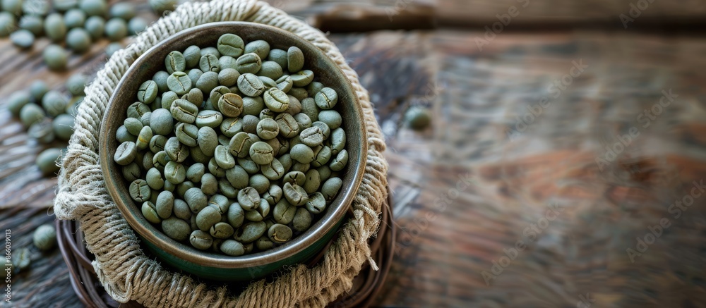 Aufkleber the beans inside and outside the cup are green, displayed in a basket with copy space image.