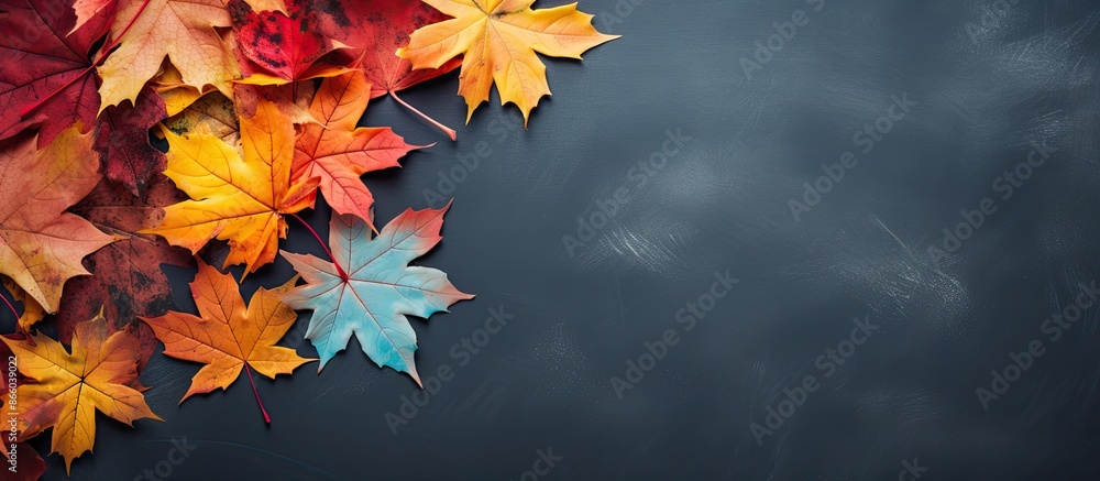 Leinwandbilder Overhead view of colorful autumn maple leaves on a surface with empty space for text or designs. with copy space image. Place for adding text or design