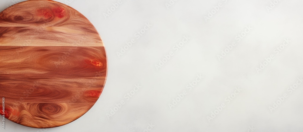 Fototapete circular wooden pizza platter on a white stone kitchen table, seen from above with space for text or