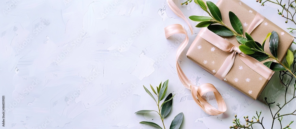 Poster an eco-friendly gift box adorned with a ribbon set against a copy space image.