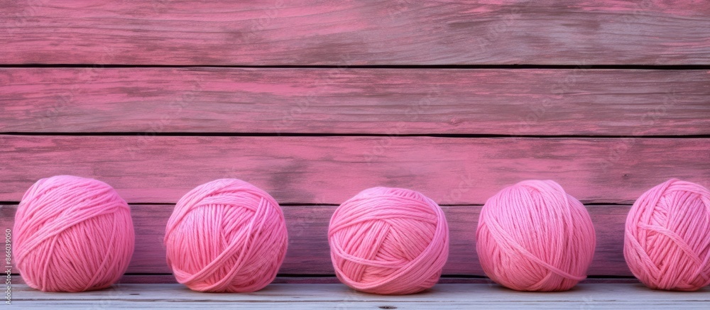 Poster Pink yarn balls displayed on weathered wood with space for text or image. with copy space image. Place for adding text or design