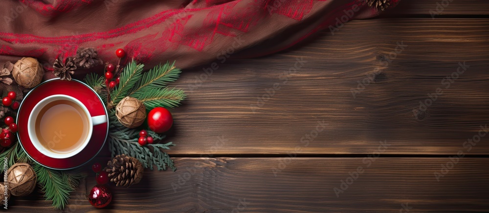 Aufkleber a charming christmas card features a rustic wooden background adorned with tree branches, balls, a s