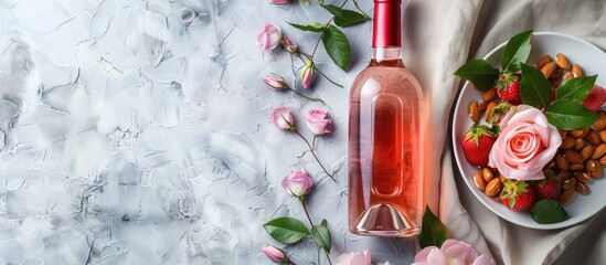 A pink rose wine bottle displayed with an appetizer set on a light gray stone background, ideal for a romantic dinner setting. Mediterranean cuisine and drinks complement the wine party theme, with a