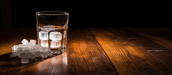 Wooden table holds highball glass with lump sugar, featuring copy space image.