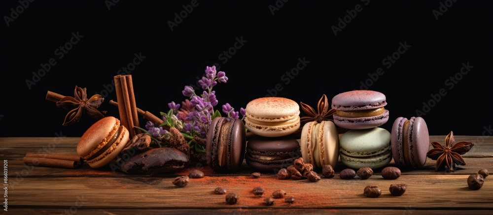 Poster an arrangement featuring chocolate macarons and spices set against a wooden backdrop, creating an al