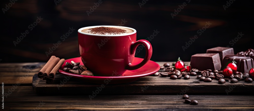 Aufkleber a cup of coffee and chocolate placed on a wooden table with a dark background, ideal for showcasing 